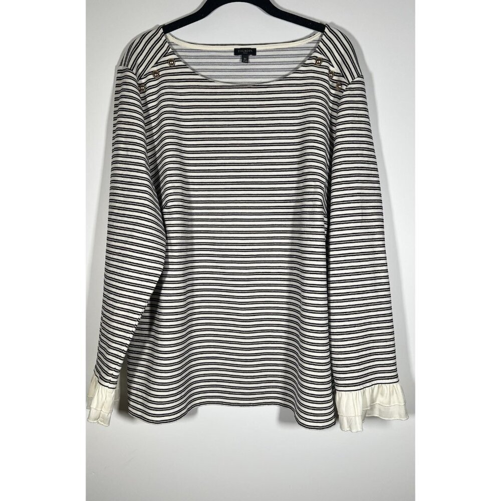 Talbots black gold white striped preppy ruffle sleeve blouse 2X gold buttons